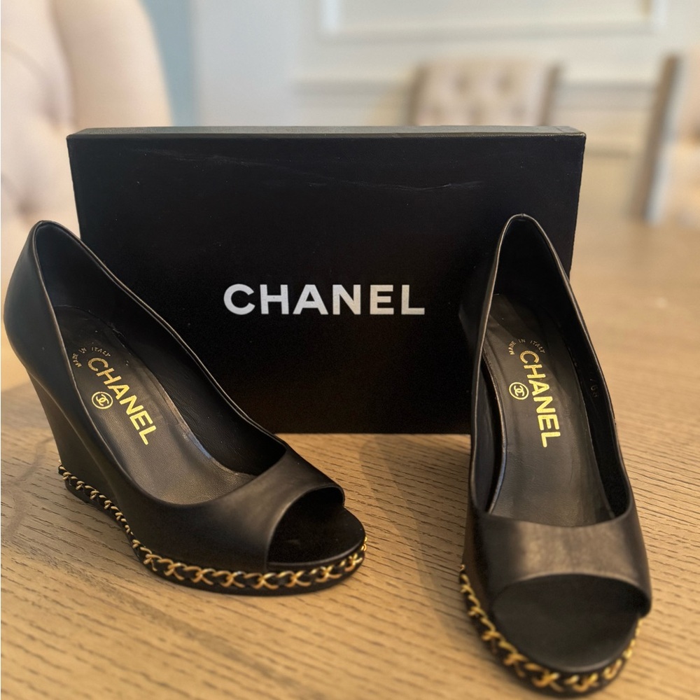 Authentic CHANEL Black Wedges with Gold Accents